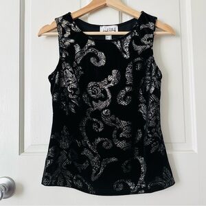 Joseph Ribkoff Black Velvet & Metallic Filigree Paisley Brocade Tank Top Size 8